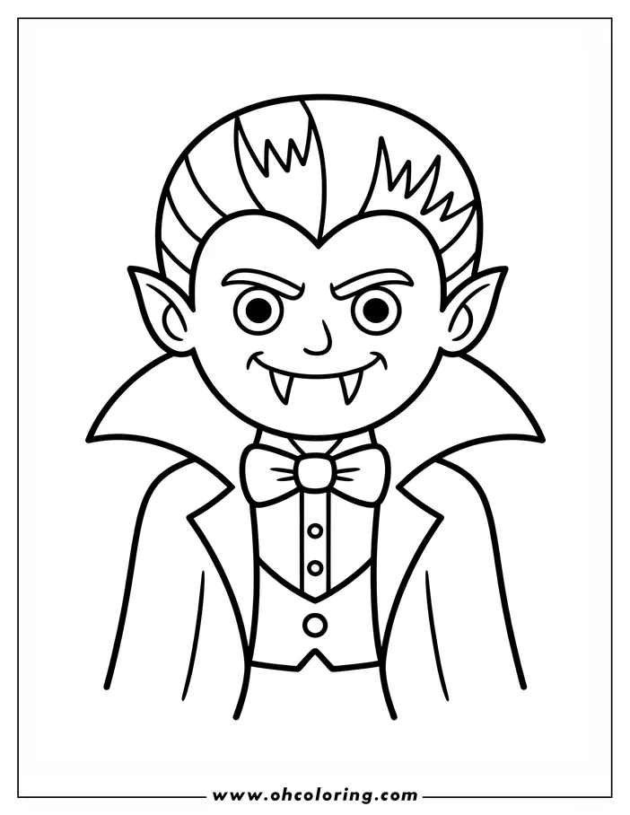 Line art of a young vampire wearing a bow tie and cape.  The vampire has pointed ears, fangs, and a classic hairstyle. This drawing is designed as a coloring sheet for kids and adults.