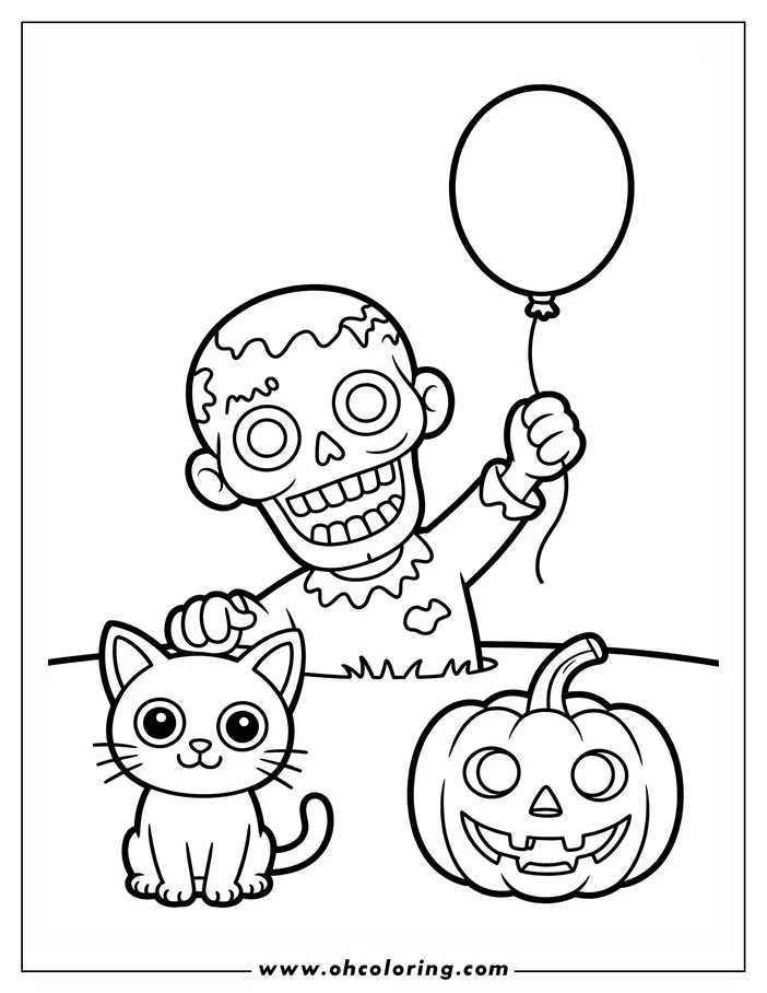 Line art of a Halloween scene with a friendly zombie holding a balloon and petting a cat. A carved pumpkin sits nearby. This playful coloring sheet design is perfect for kids.
