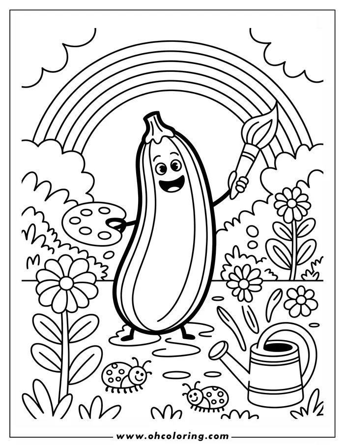 Line art of a cheerful zucchini painting flowers in a garden. It holds a paintbrush and palette, smiling with large eyes.  Two ladybugs, a watering can, and a rainbow complete the scene. This image is a printable coloring page design.