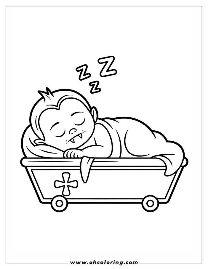 Line art of a baby vampire sleeping in a crib. The vampire has small fangs and a tuft of hair on their head, and is covered with a blanket. Z's float above the vampire's head to indicate they're sleeping. This is a coloring sheet design.