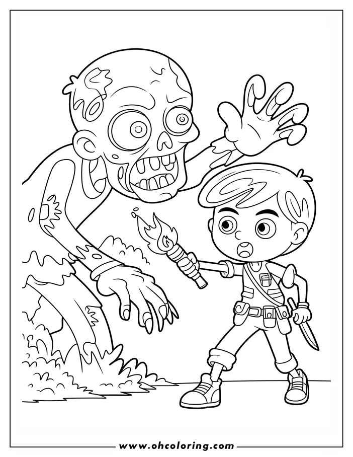 Line art of a boy with a torch and knife facing a reaching zombie.  The scene appears to be outdoors with grass at their feet. This is a drawing for a coloring sheet.