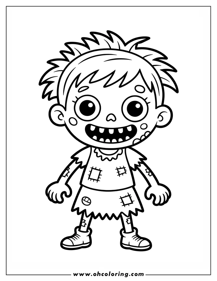 Line art of a cartoon zombie girl, with spiky hair, large eyes, and a toothy grin. She wears a tattered shirt and skirt with patches, and sneakers. This drawing is designed as a coloring sheet for Halloween or spooky themes.