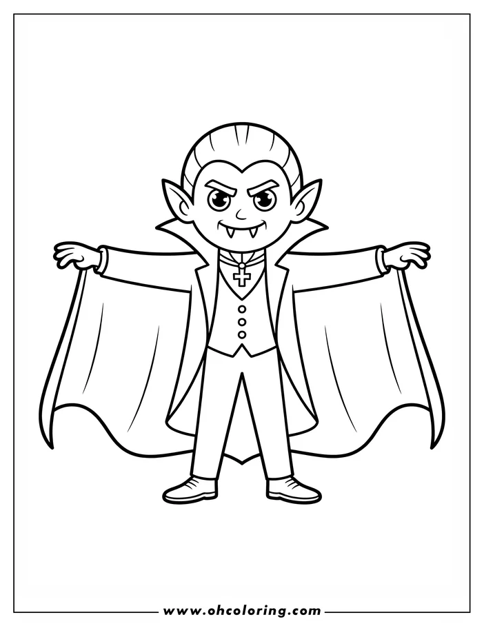 Line art of a cartoon vampire, with outstretched cape, fangs, and pointy ears. The vampire is wearing a suit and a cross pendant. This simple, friendly design makes it a great coloring sheet for kids.