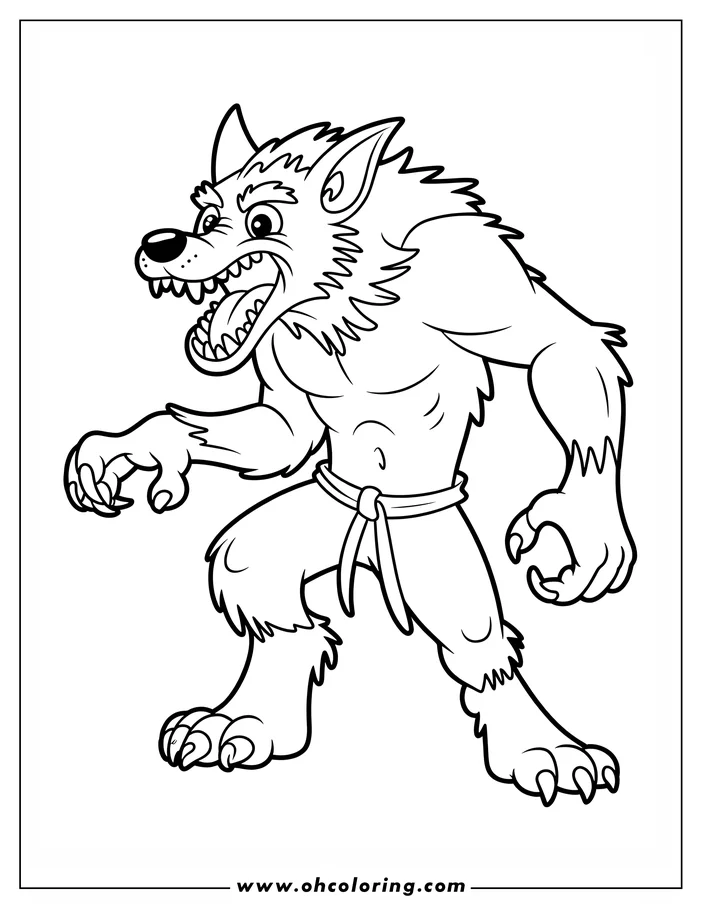 Line art of a cartoon werewolf prowling. The werewolf has sharp claws and teeth, a muscular physique, and a fierce expression. The design is a simple outline drawing suitable for a coloring sheet.