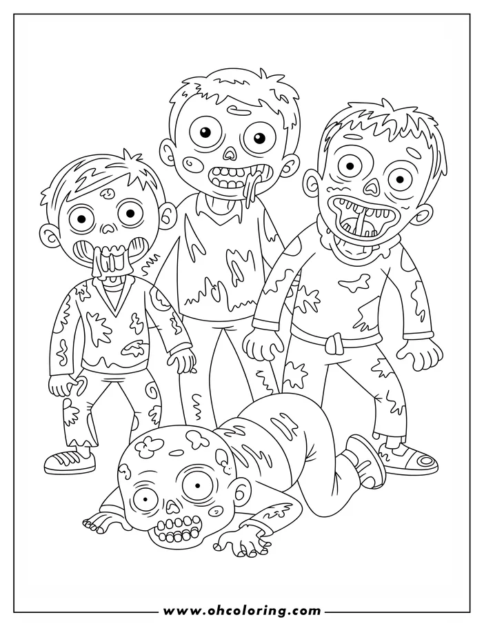 Line art of a group of cartoon zombies. Three are standing and one is crawling on the ground. Their clothes are tattered and they have a goofy, spooky look. This is a drawing for coloring.