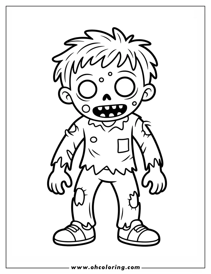 Simple coloring sheet design of a standing cartoon zombie. The zombie has messy hair and wears a tattered shirt and pants. It's wearing simple sneakers.  The design is simple, ideal for younger colorists.