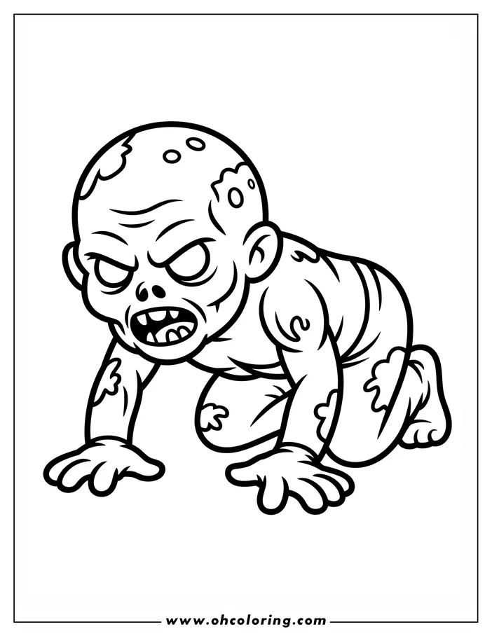 Line art of a crawling zombie.  The zombie has tattered clothes and visible patches of decay. Its mouth is open, and it appears to be groaning. This is a drawing for coloring.