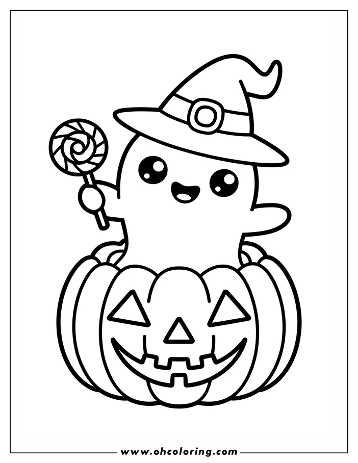 Simple, cute line art of a ghost wearing a witch's hat and holding a lollipop, sitting on a carved pumpkin. It's designed as a coloring sheet.
