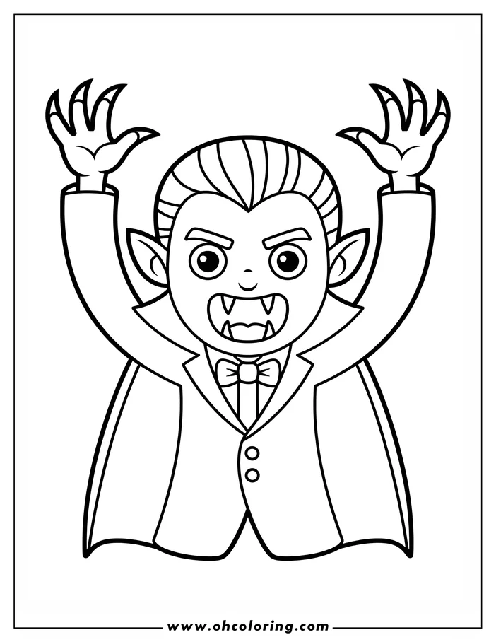 Line art of Dracula, the famous vampire, with his claws out and fangs bared in a coloring sheet design. He wears a tuxedo with a bow tie and cape, has slicked-back hair and pointed ears.