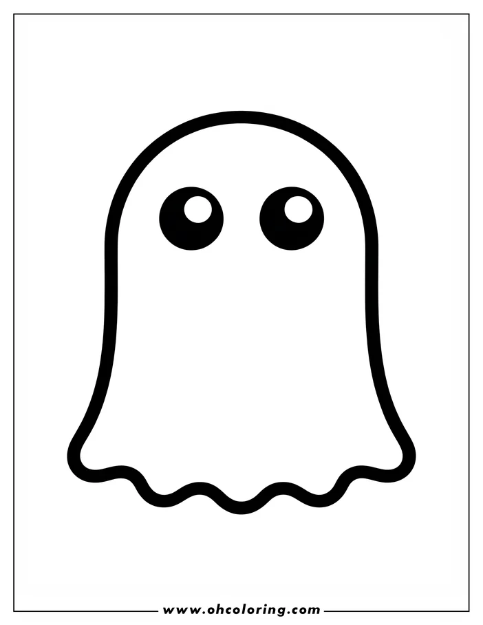 Simple, friendly ghost outline drawing for coloring. The ghost has large, round eyes and a wavy bottom edge.