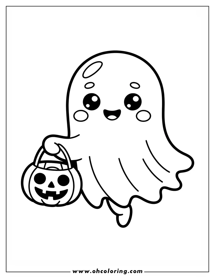 Line art of a friendly cartoon ghost, with large eyes and a smile, carrying a jack-o'-lantern trick-or-treat basket.  This is a coloring sheet design perfect for Halloween.
