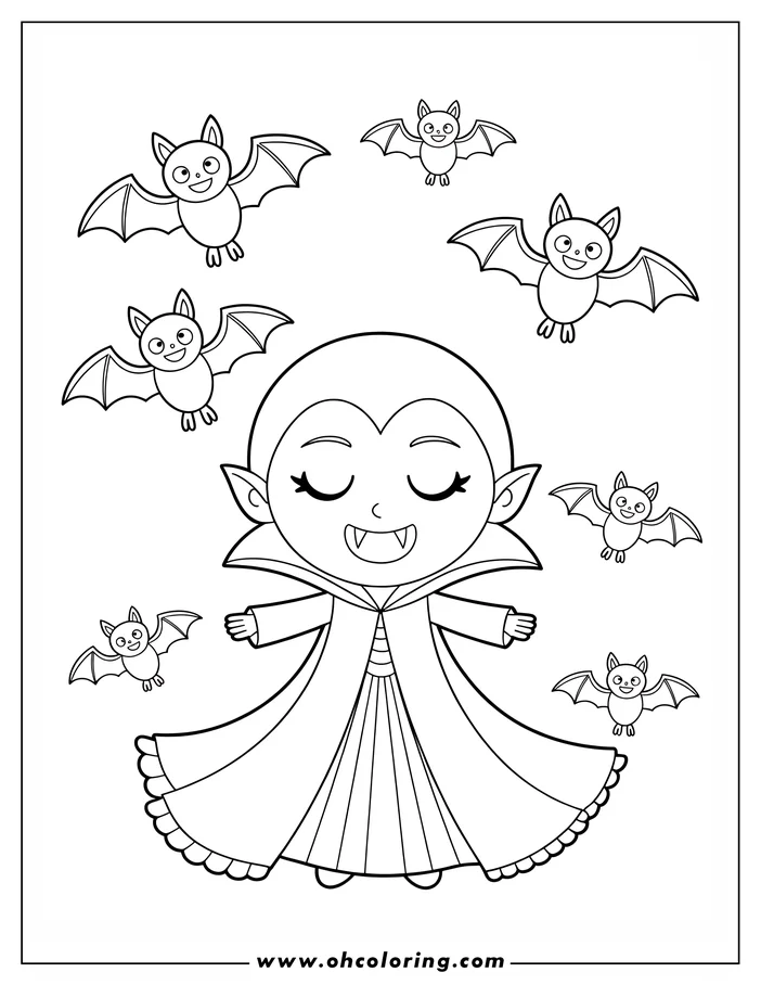Line art of a friendly cartoon vampire with small fangs and closed eyes, arms outstretched, wearing a long, ruffled cape. Several cute, smiling bats fly around them. This is a coloring sheet design perfect for Halloween.