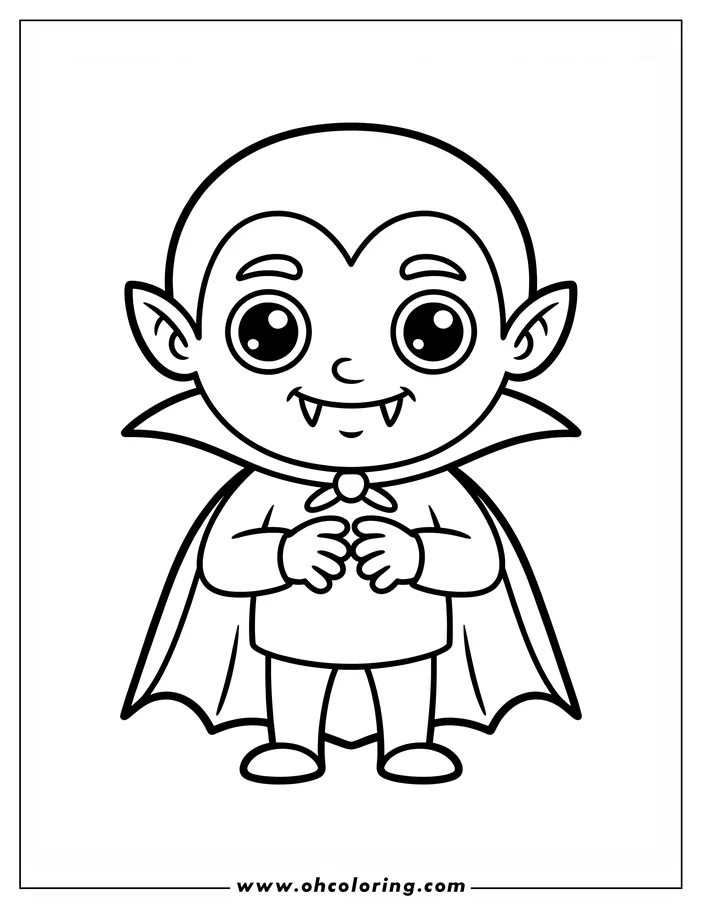 Line art of a friendly cartoon vampire wearing a cape. The vampire has large eyes, small fangs, and a widow's peak hairstyle. This is a coloring sheet design.