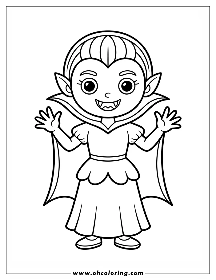 Line art of a friendly cartoon vampire girl waving. She wears a flowing dress and a pointed collar, her hair styled with a widow's peak.  This is a drawing for coloring.