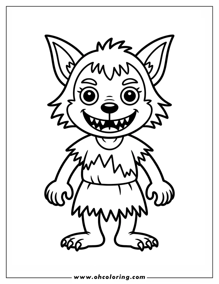 Line art of a friendly cartoon werewolf smiling. The werewolf has large eyes, pointy ears, and wears a simple outfit. This drawing is designed as a coloring sheet.