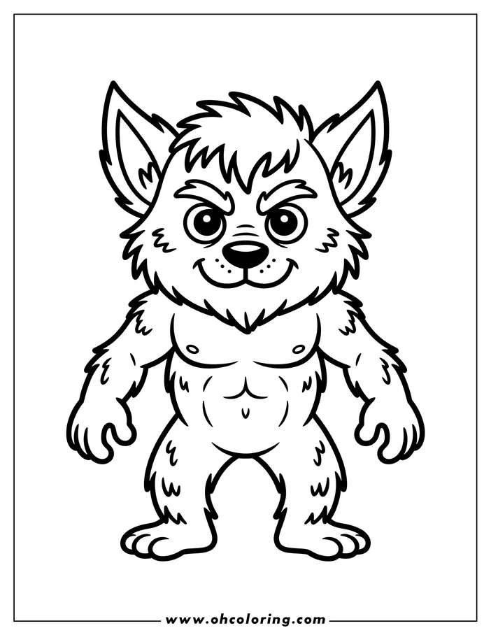 Line art of a furry werewolf standing strong.  The werewolf has a confident expression, noticeable tuft of hair, and defined muscles. Its posture and slightly furrowed brows contribute to a powerful look, ready for coloring.