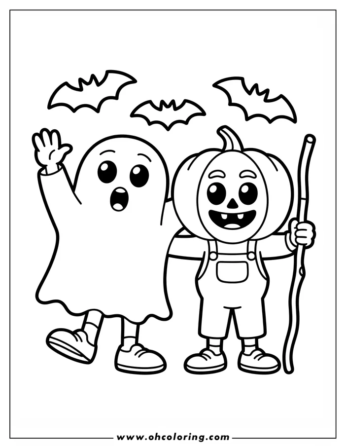Line art of a friendly ghost and a child in a pumpkin costume for Halloween. The ghost is waving, and the child holds a stick. Three bats fly overhead. This is a coloring sheet design.
