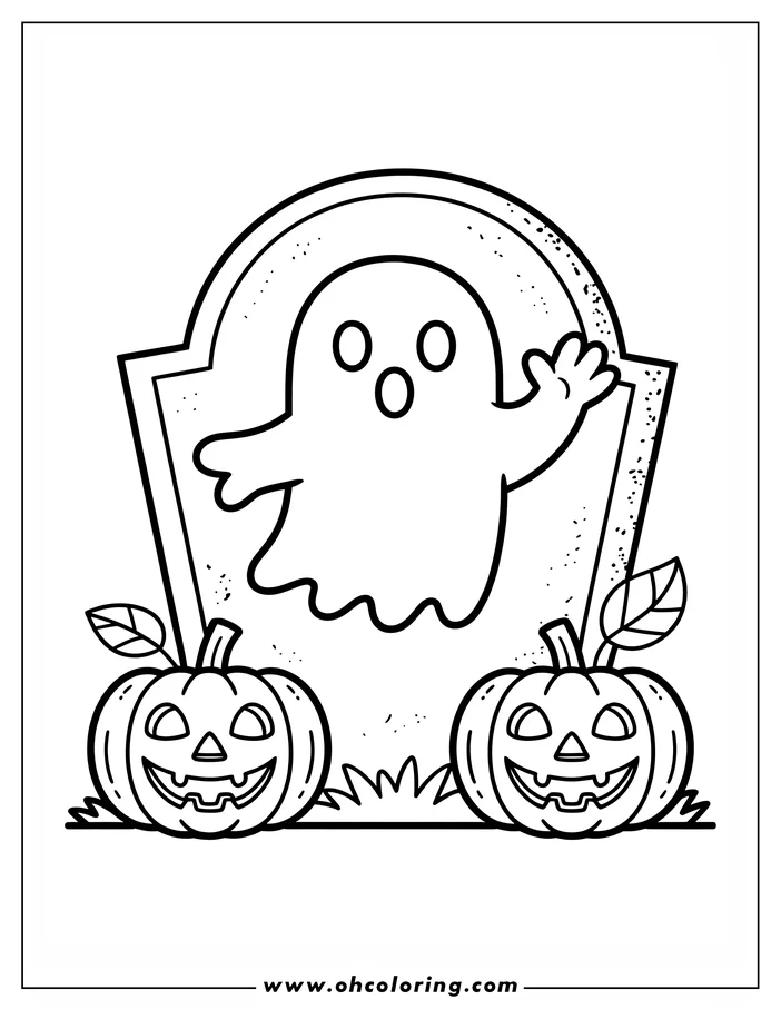 Line art of a friendly ghost waving from behind a tombstone, flanked by two carved pumpkins on a patch of grass. This Halloween-themed image is designed as a coloring page.