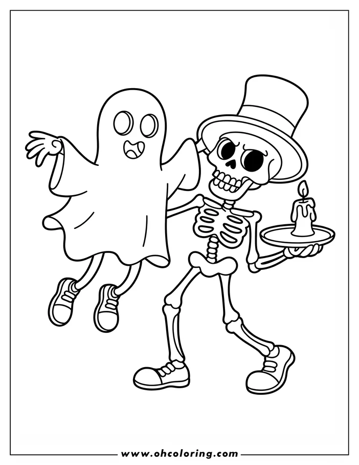 Line art of a friendly ghost and a skeleton holding a candle on a tray. The ghost wears simple sneakers, while the skeleton sports a top hat, creating a fun Halloween-themed scene suitable for a coloring sheet.