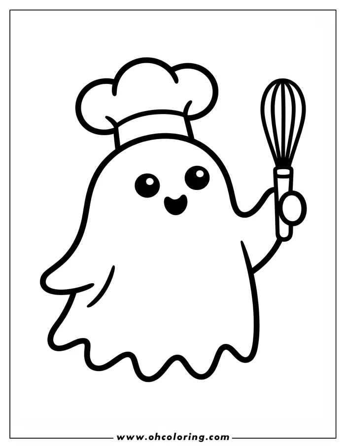 Line art of a friendly ghost wearing a chef's hat and holding a whisk, designed as a coloring sheet. The ghost has a cheerful expression and large eyes.