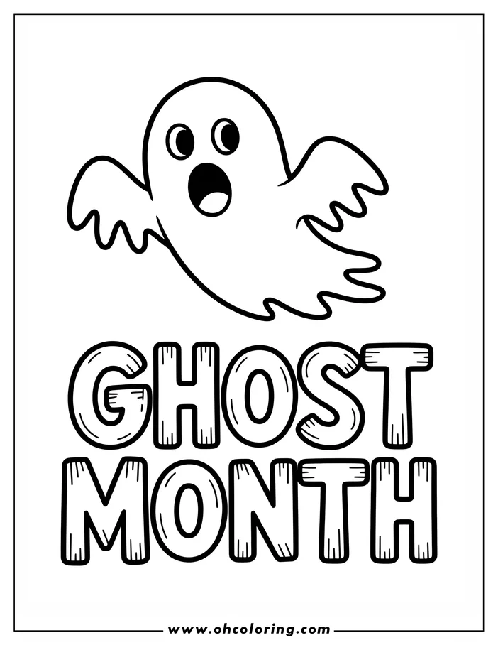 Simple line art of a cartoon ghost with a surprised expression, suitable for a coloring page.
