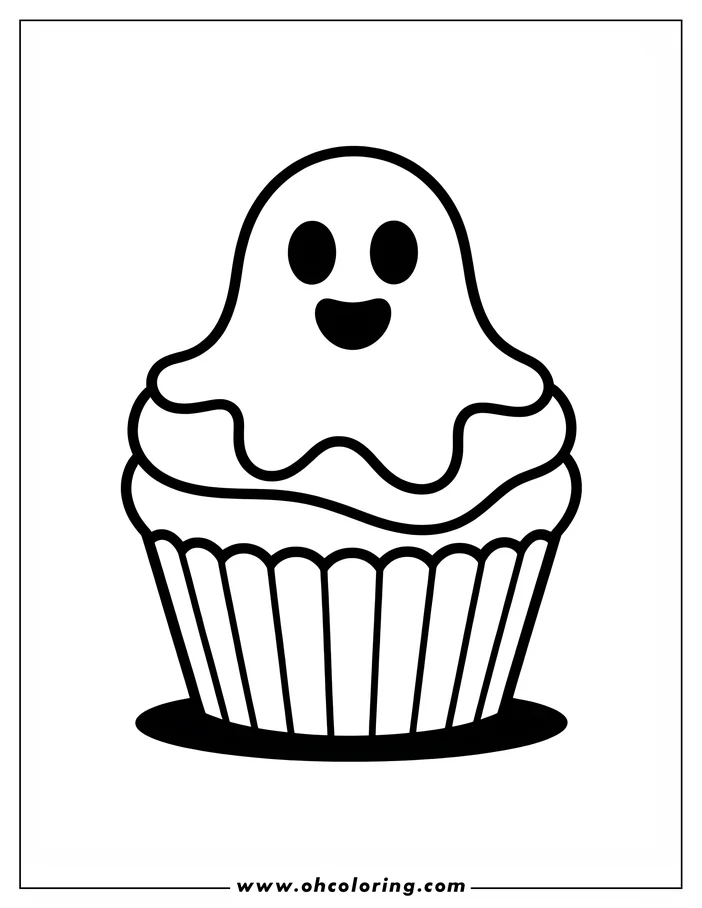 Simple line art of a ghost cupcake, designed as a coloring sheet. A friendly cartoon ghost sits on top of a frosted cupcake in a paper liner. Perfect for Halloween coloring!