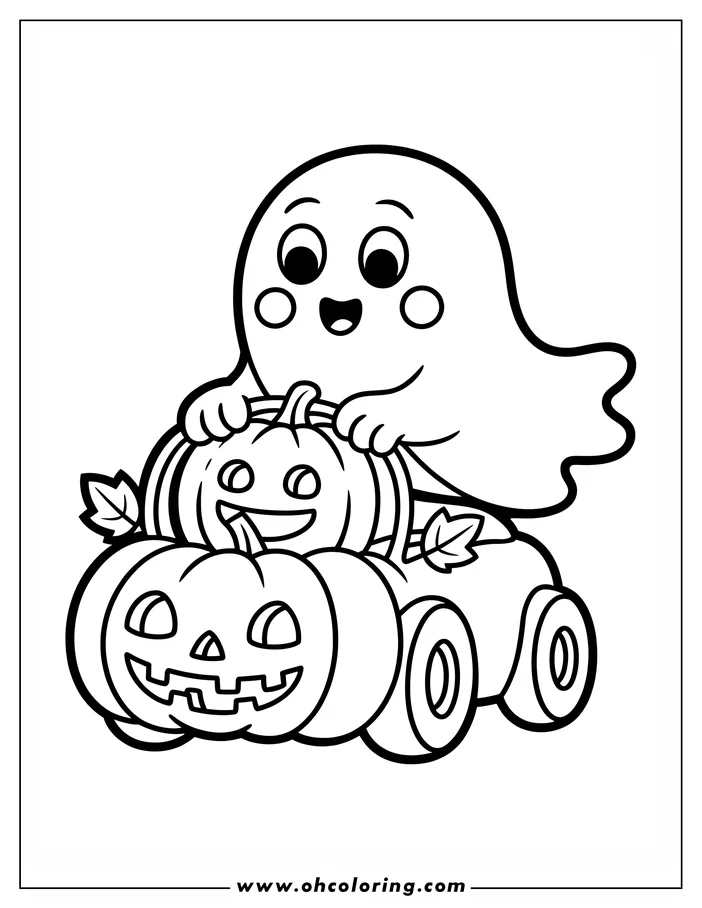 Line art of a friendly ghost driving a car made of pumpkins.  The ghost has rosy cheeks and a cheerful smile. The pumpkins are decorated with leaves, and two jack-o'-lanterns form the base of the car. This is a design for a coloring sheet.