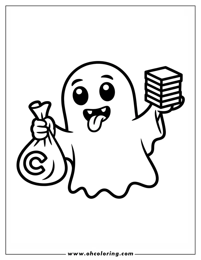 Simple line art of a ghost holding a bag marked with a "C" and a stack of boxes. The ghost's tongue is sticking out, adding to the cartoonish depiction. This coloring sheet design is perfect for Halloween or anytime spooky fun.