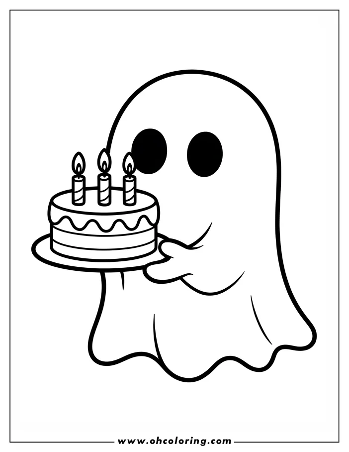 Line art of a friendly cartoon ghost holding a birthday cake with three lit candles. This simple, playful design is perfect for a coloring sheet.