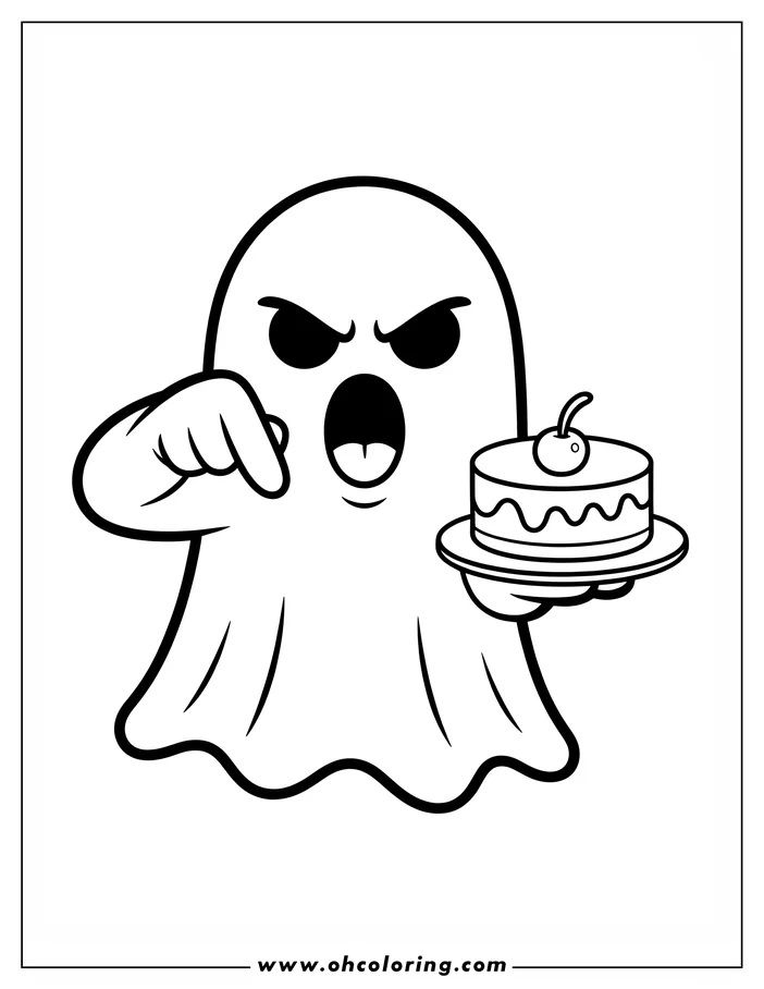 Line art of a cartoon ghost holding a cake with a cherry on top.  The ghost has an angry expression and is pointing. This drawing is a coloring sheet design.
