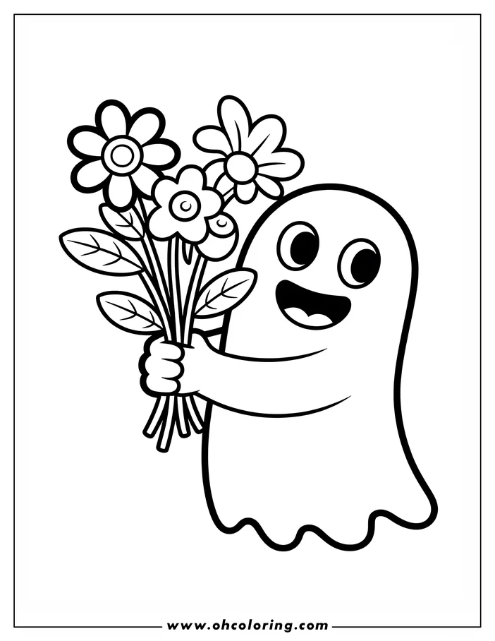 Line art of a friendly cartoon ghost holding a bouquet of three flowers. The ghost has a cheerful expression with large eyes and a wide smile, making it a fun design for a coloring sheet.