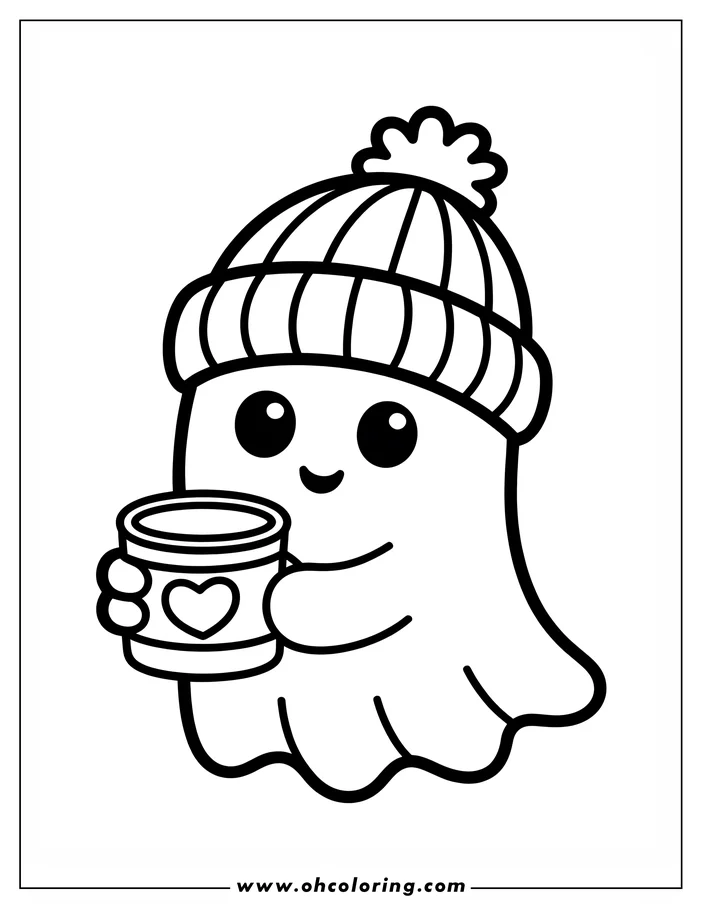Simple line art of a friendly cartoon ghost holding a mug with a heart on it. The ghost wears a winter hat and has large eyes, creating a cute design for a coloring sheet.