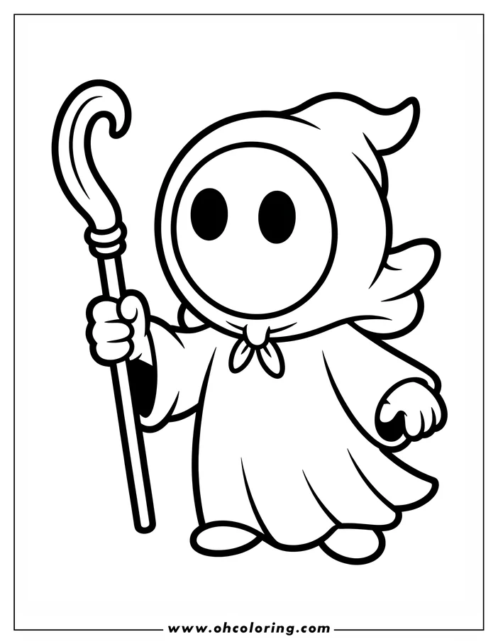 Simple line art of a cartoon ghost holding a staff. The ghost wears a flowing robe and has a simple, friendly face. Design for a coloring sheet.