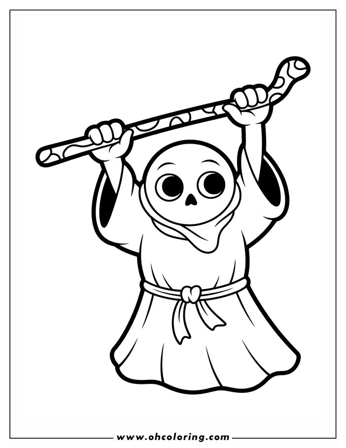 Line art of a cartoon ghost holding a spotted stick above its head. The ghost wears a long robe with a sash and has large, round eyes. This simple drawing is ready for coloring.