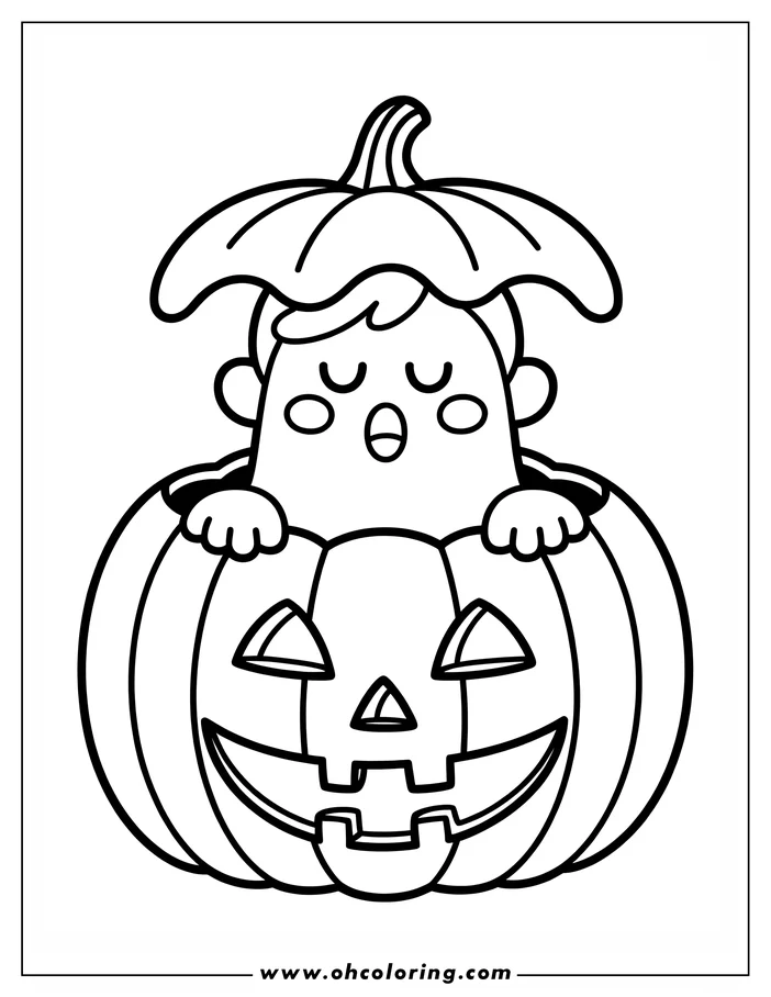 Simple drawing of a cute cartoon ghost inside a carved pumpkin. The ghost has closed eyes and rosy cheeks and is peeking out of the pumpkin's top. The pumpkin has a classic jack-o'-lantern face. This is a line art design for a coloring page.