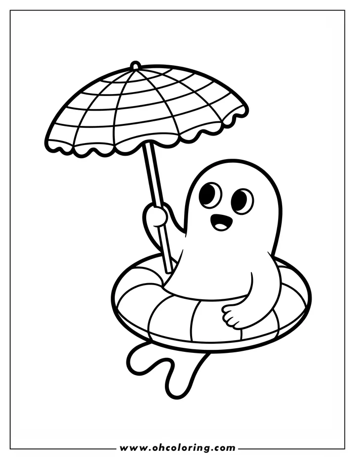 Line art of a friendly cartoon ghost sitting in an inner tube and holding a beach parasol. The ghost has large, round eyes and a simple expression. This coloring sheet design is perfect for kids and adults who enjoy spooky fun.