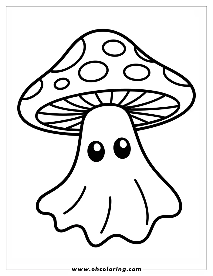 Simple line art of a ghost hiding under a spotted mushroom cap.  A fun Halloween coloring sheet design.