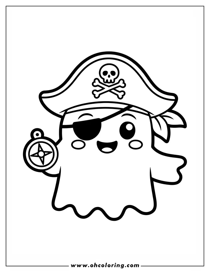 Line art of a cartoon ghost dressed as a pirate, holding a compass. The ghost wears a pirate hat, eye patch, and bandana, ready for coloring.