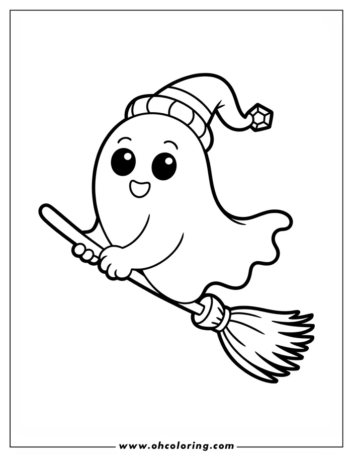 Line art of a friendly cartoon ghost riding a broomstick. The ghost wears a pointed hat and has large, expressive eyes. Designed as a Halloween coloring sheet.