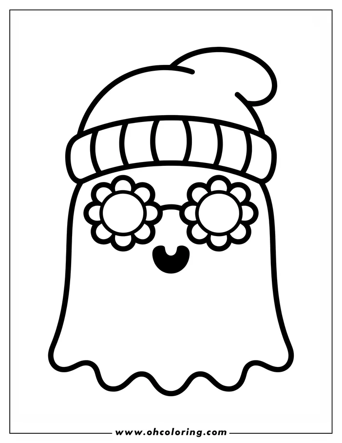 Simple line art of a friendly cartoon ghost wearing large, flower-shaped glasses and a striped beanie. This coloring sheet design features a smiling ghost ready to be colored.