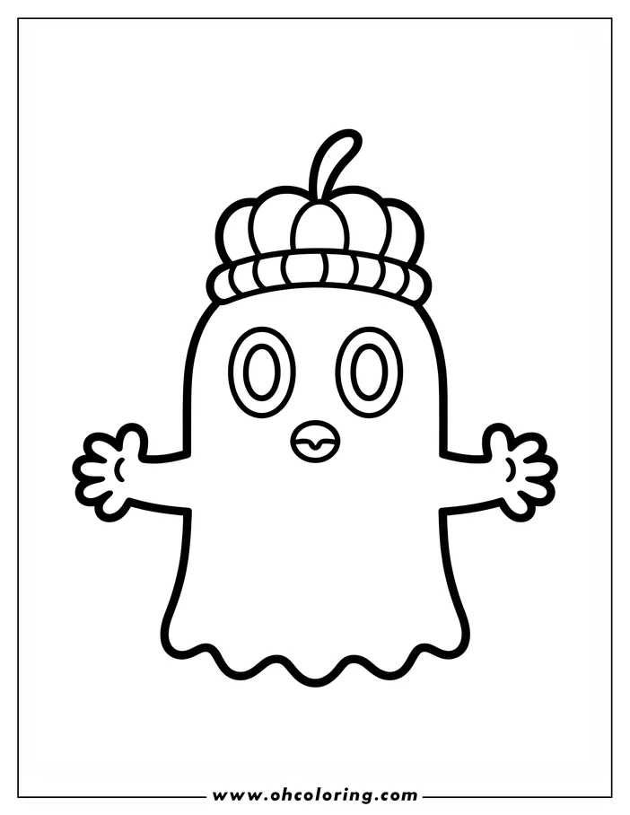 Line art of a friendly ghost wearing a pumpkin crown. The ghost has big, round eyes and open arms, ready for coloring.