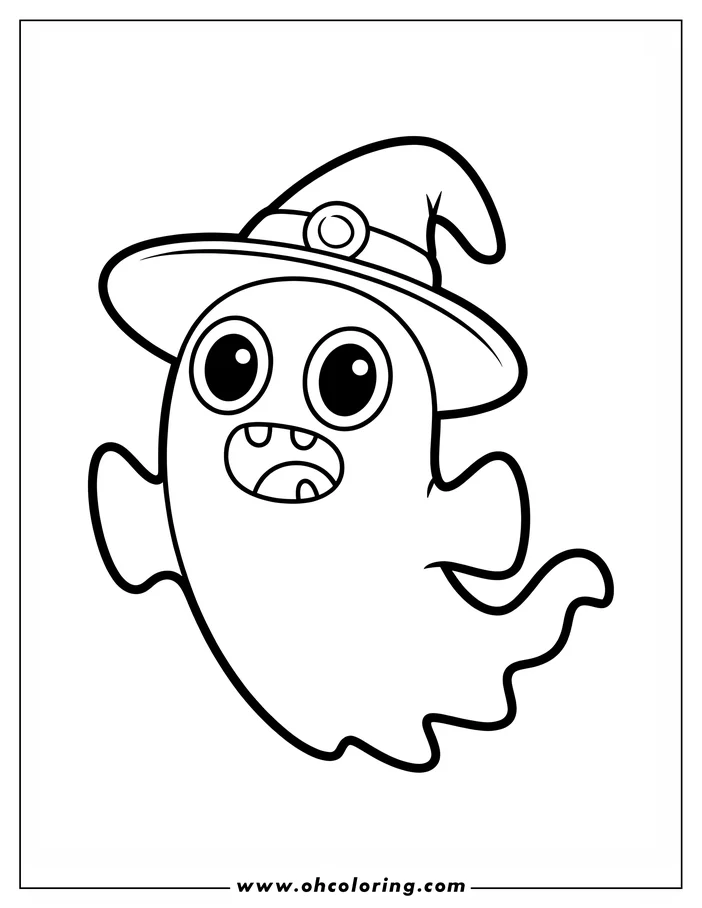 Simple line art of a friendly cartoon ghost wearing a large witch hat, ready for coloring. The ghost has big, round eyes and a cheerful expression. Perfect coloring design for Halloween.