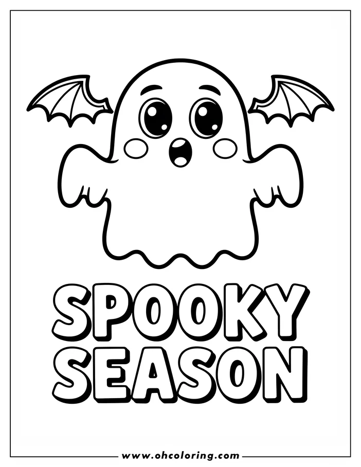 Line art of a cute cartoon ghost with bat wings, wide eyes, and rosy cheeks, floating above the words "SPOOKY SEASON." This whimsical coloring page design is perfect for Halloween.