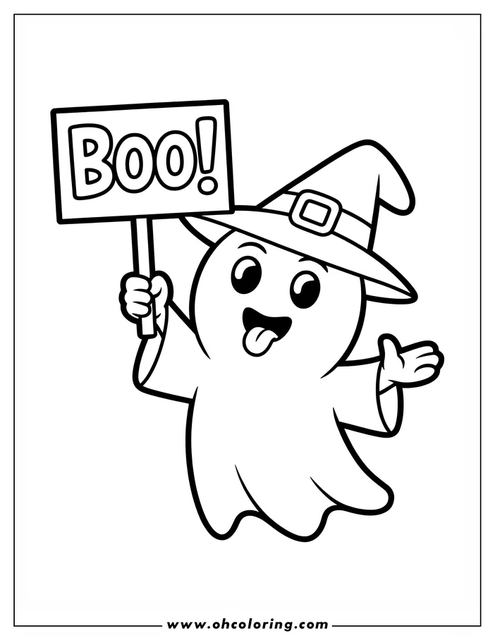 Line art of a playful ghost holding a "Boo!" sign.  The ghost wears a witch's hat and has its tongue sticking out. This is a simple drawing designed as a coloring sheet.