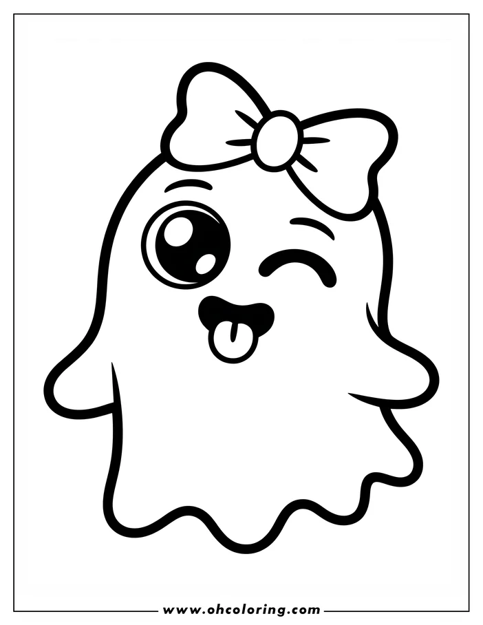 Playful line art of a cartoon ghost with a bow, sticking its tongue out and winking. This simple, bold outline is perfect for a children's coloring sheet.