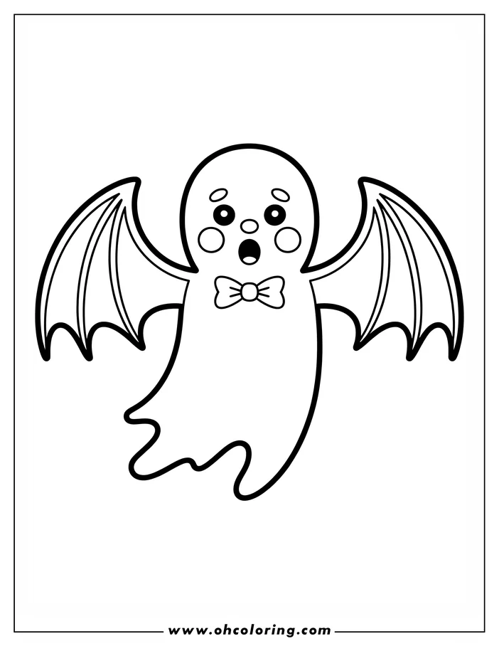 Line art of a surprised-looking ghost with bat wings and a bow tie, designed as a coloring sheet for Halloween or spooky season fun.