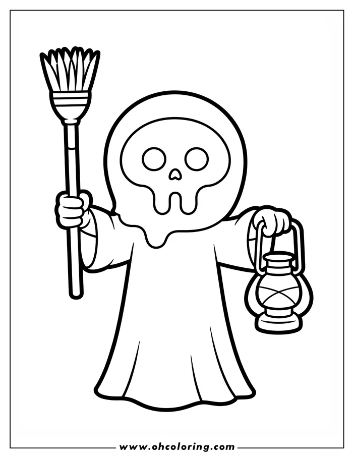 Line art of a cartoon ghost holding a broom in one hand and a lantern in the other. This coloring sheet design features a simple skull face and a flowing sheet, perfect for Halloween-themed coloring.