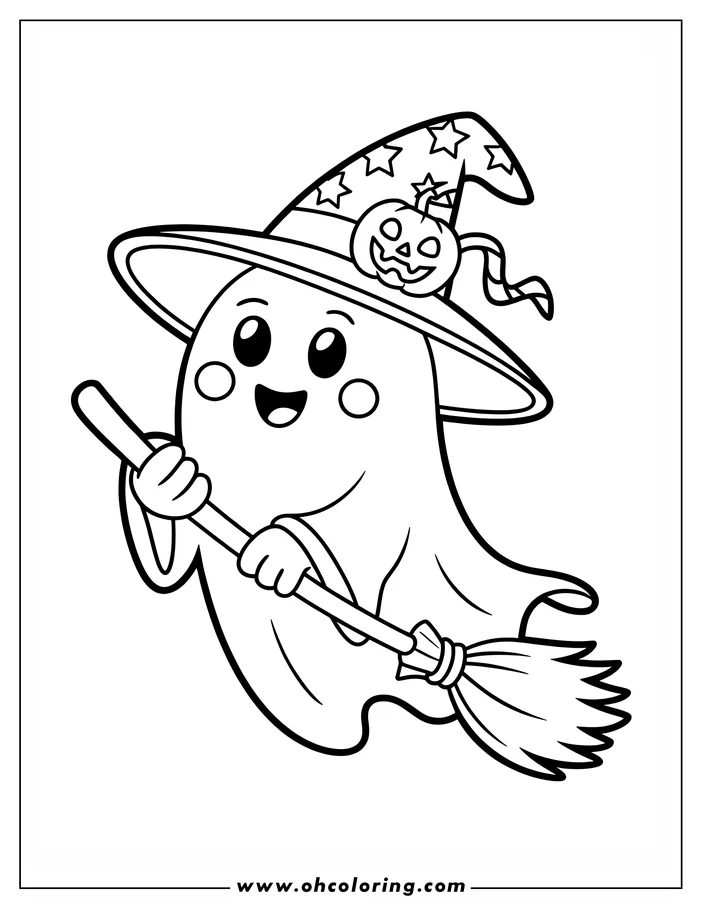 Line art of a friendly cartoon ghost holding a broom. The ghost wears a witch's hat with stars and a jack-o'-lantern.  This is a coloring sheet design, ready for coloring.