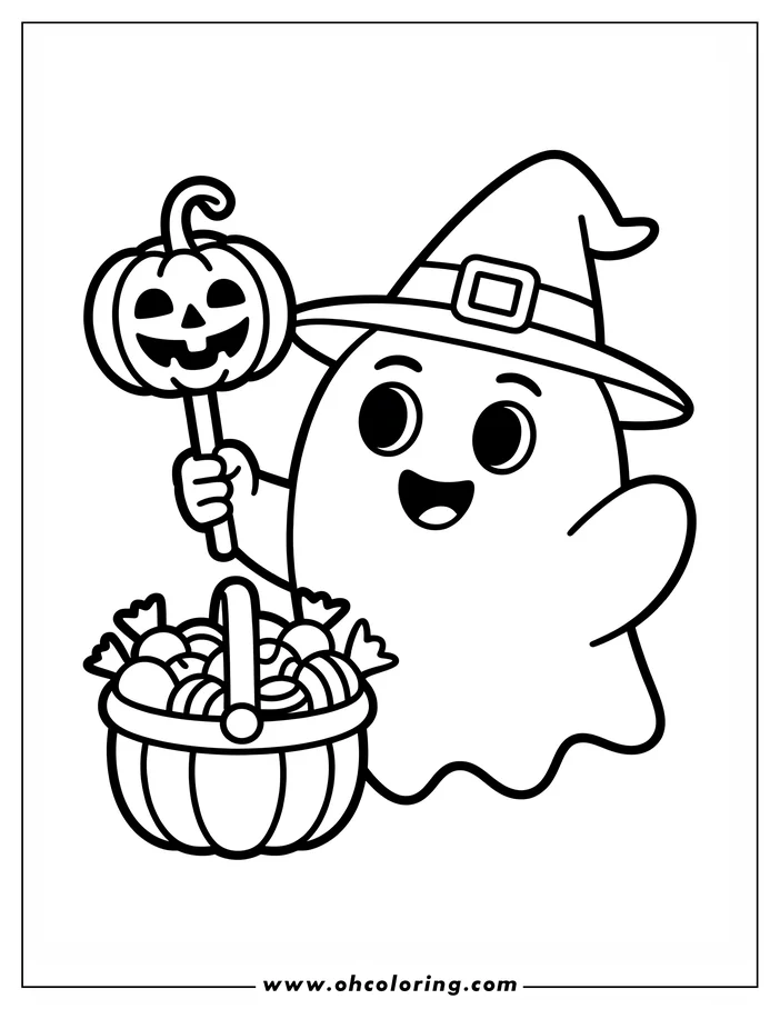 Line art of a friendly cartoon ghost holding a jack-o'-lantern lollipop and a basket of Halloween candy. The ghost wears a witch's hat and has large, simple eyes, giving it a cute appearance. The basket is overflowing with various wrapped candies. This is a coloring sheet design perfect for Halloween.