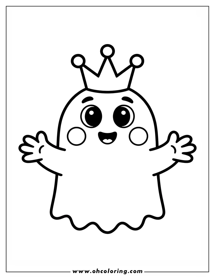 Simple line art of a friendly cartoon ghost wearing a crown, with outstretched arms and a cheerful expression, designed as a coloring sheet.